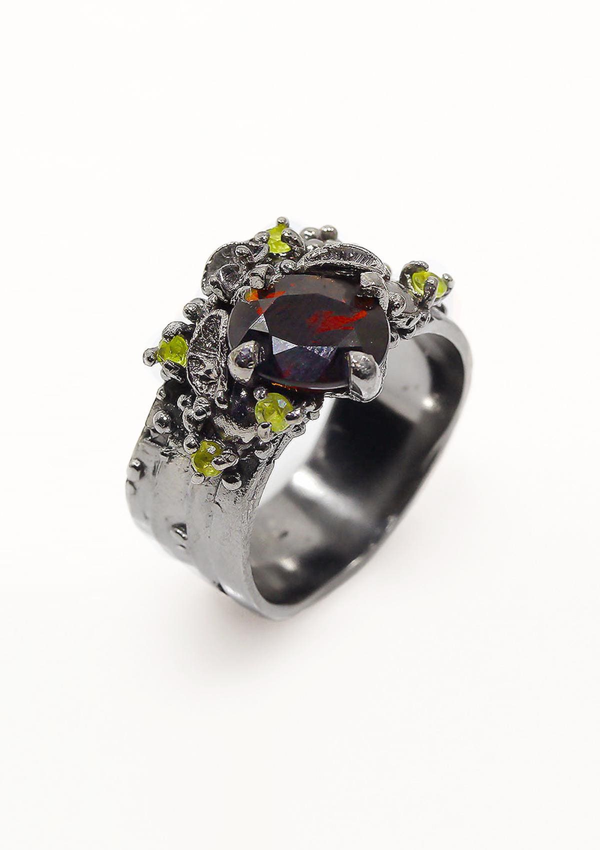 925 Sterling Silver Garnet Wide Band Ring