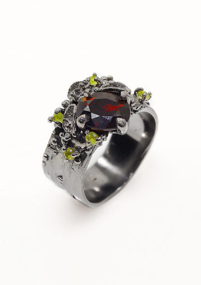 925 Sterling Silver Garnet Wide Band Ring