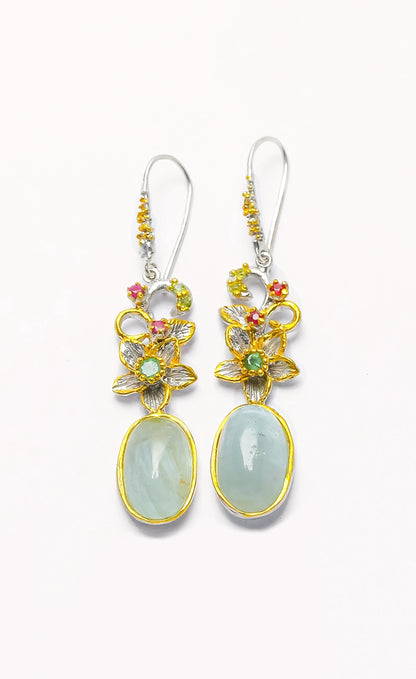 925 Sterling Silver Aquamarine Flower Earrings