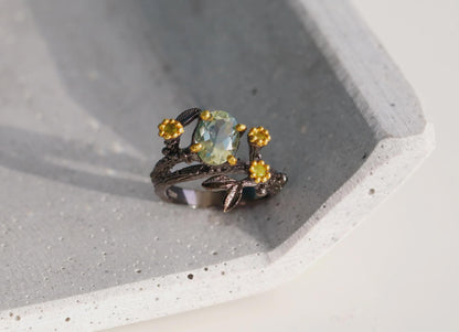 925 Sterling Silver Green Amethyst Leaf Ring