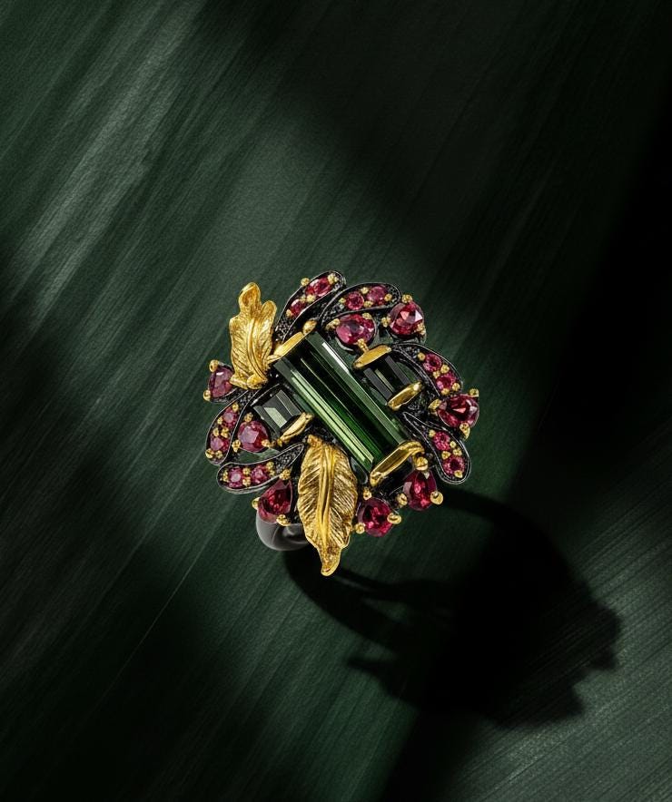 925 Sterling Silver Bar Tourmaline Leaf Ring