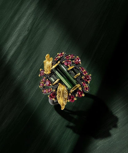 925 Sterling Silver Bar Tourmaline Leaf Ring