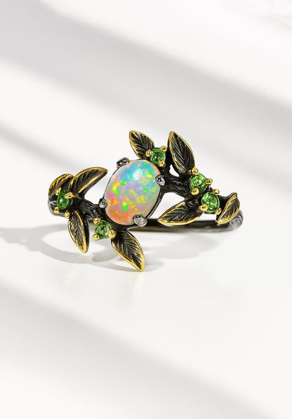 925 sterling silver rainbow opal leaf ring