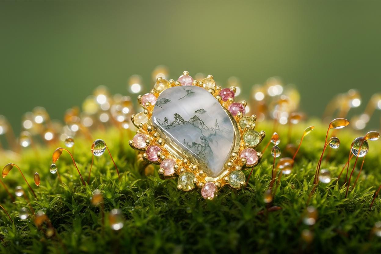 925 Sterling Silver Moss Agate Statement Ring