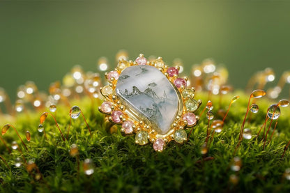 925 Sterling Silver Moss Agate Statement Ring