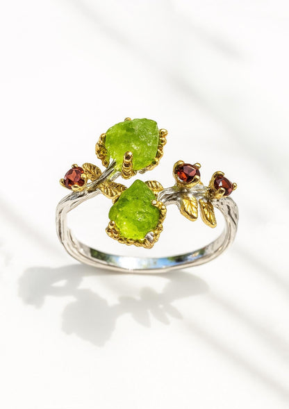 925 Sterling Silver Raw Green Peridot Toi Et Moi Ring
