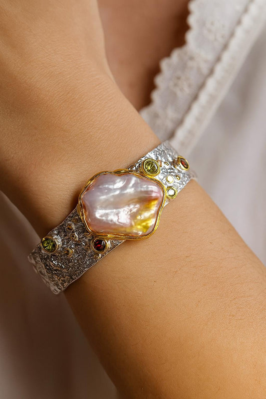 925 sterling silver baroque pearl wide cuff bracelet