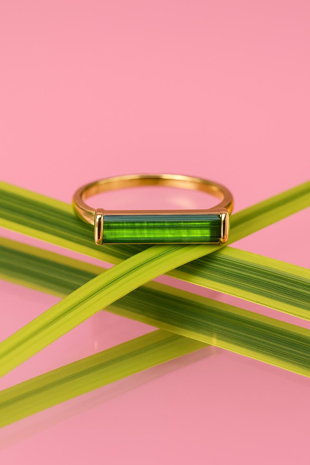 14K Solid Gold Green Tourmaline Baguette Ring