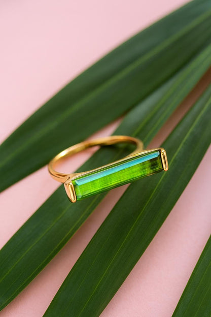 14K Solid Gold Green Tourmaline Baguette Ring