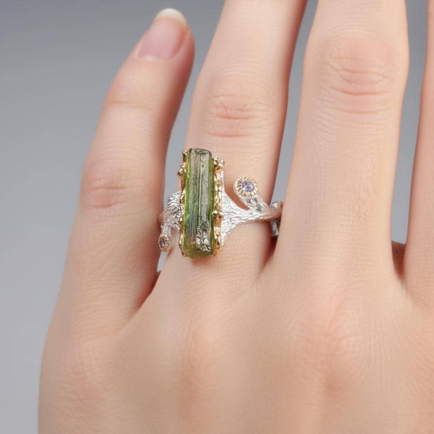 925 Sterling Silver Raw Tourmaline Branch Ring