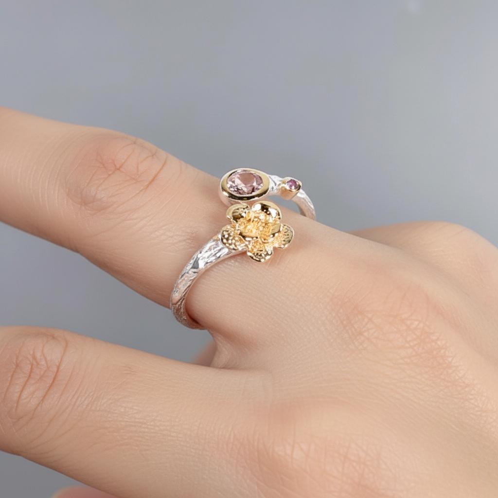925 Sterling Silver Pink Tourmaline Flower Ring