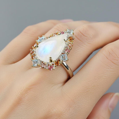 925 Sterling Silver Rainbow Moonstone Halo Ring