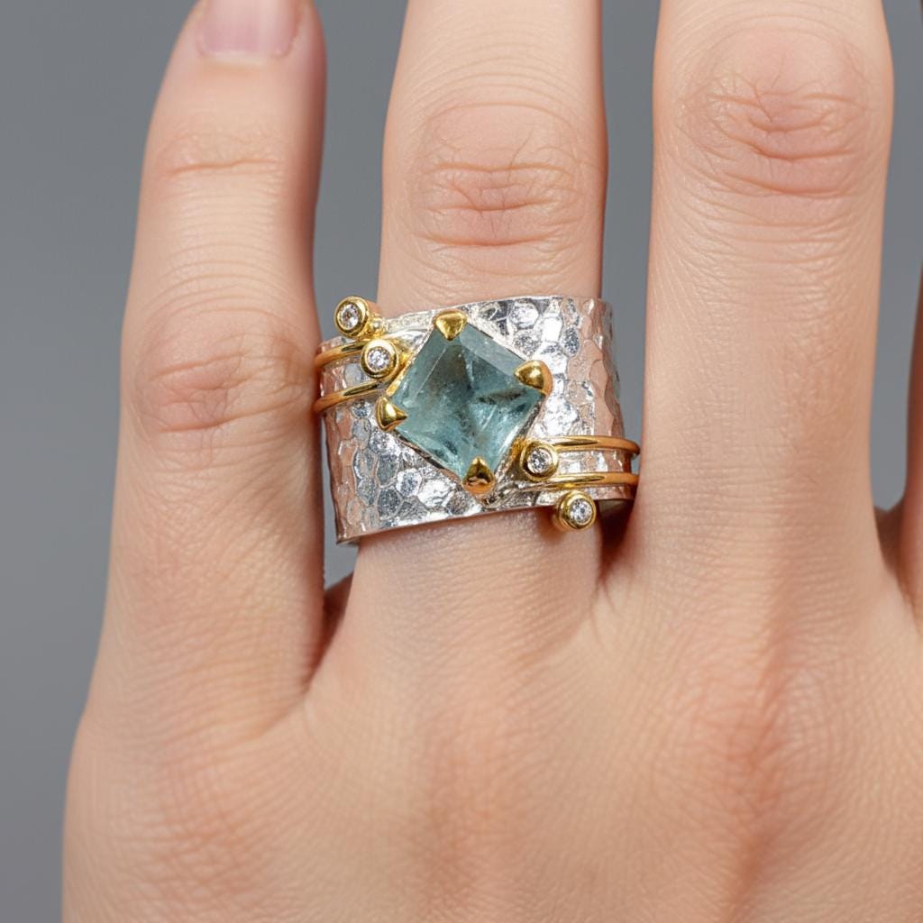 925 sterling silver blue kyanite wide band ring