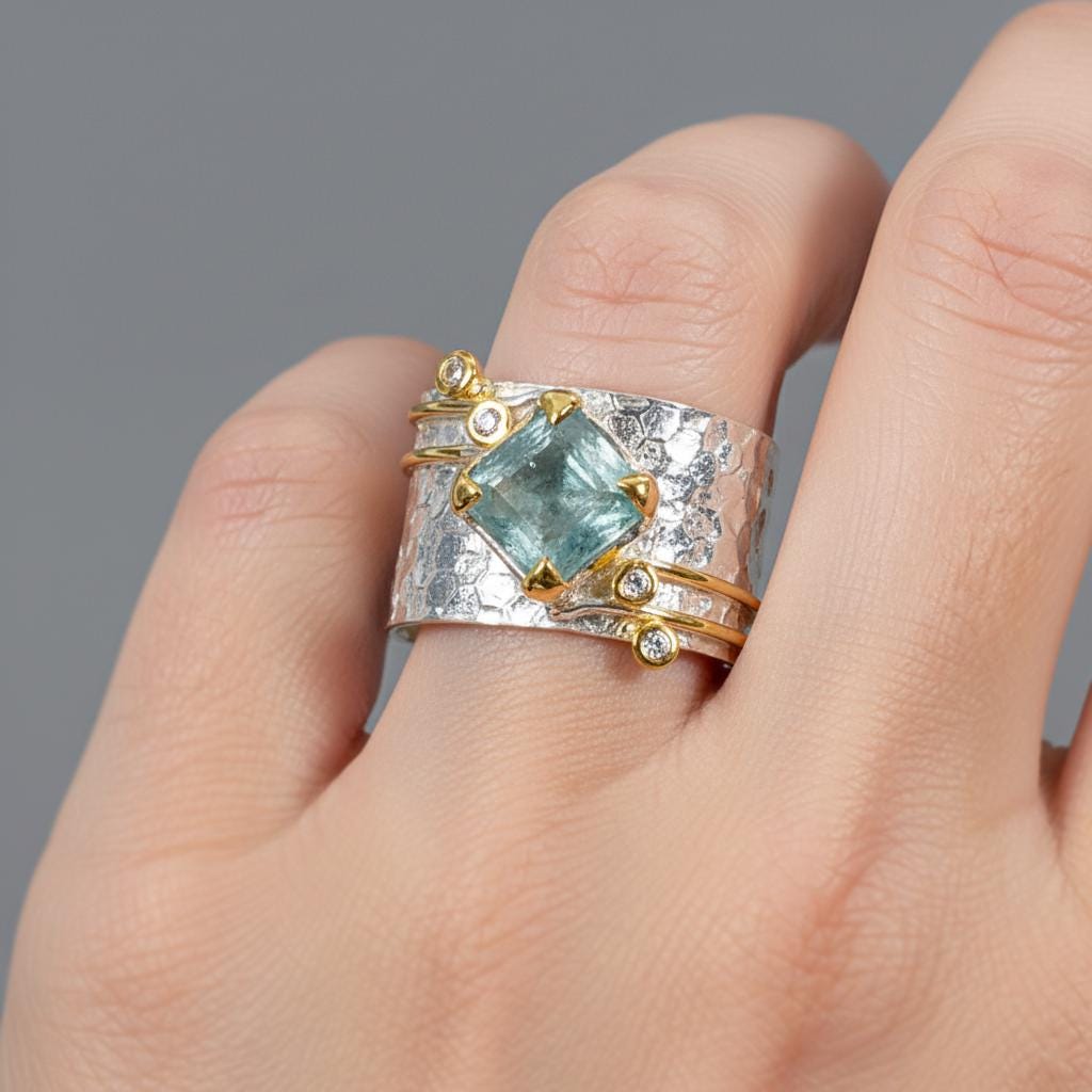 925 sterling silver blue kyanite wide band ring