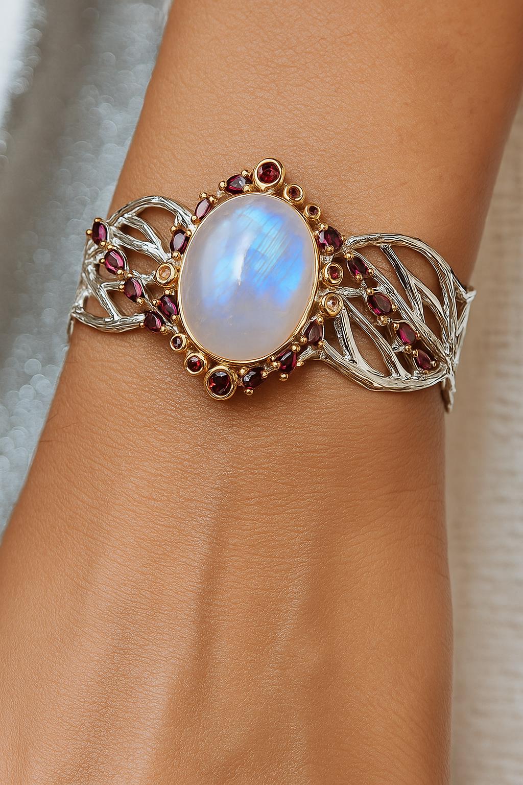925 Sterling Silver Moonstone Branch Cuff Bracelet