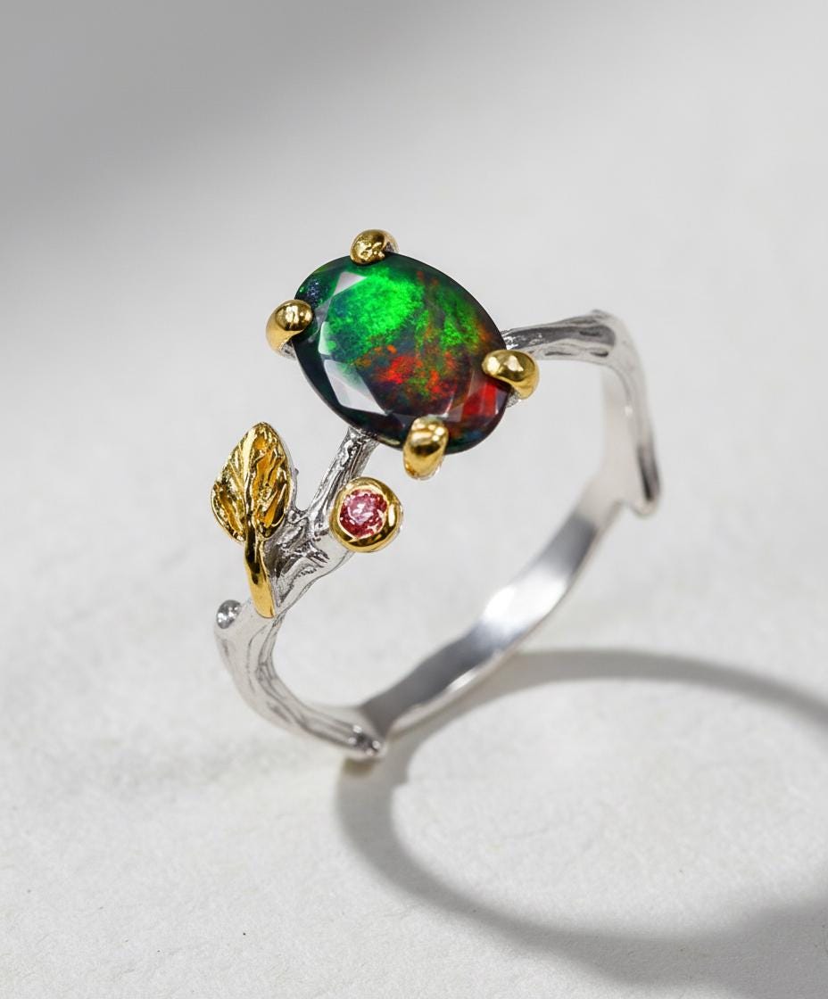 925 Sterling Silver Black Opal Branch Leaf Ring