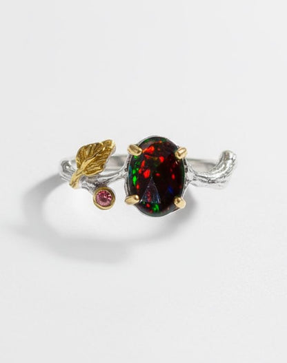 925 Sterling Silver Black Opal Branch Leaf Ring