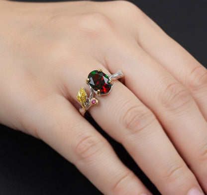925 Sterling Silver Black Opal Branch Leaf Ring