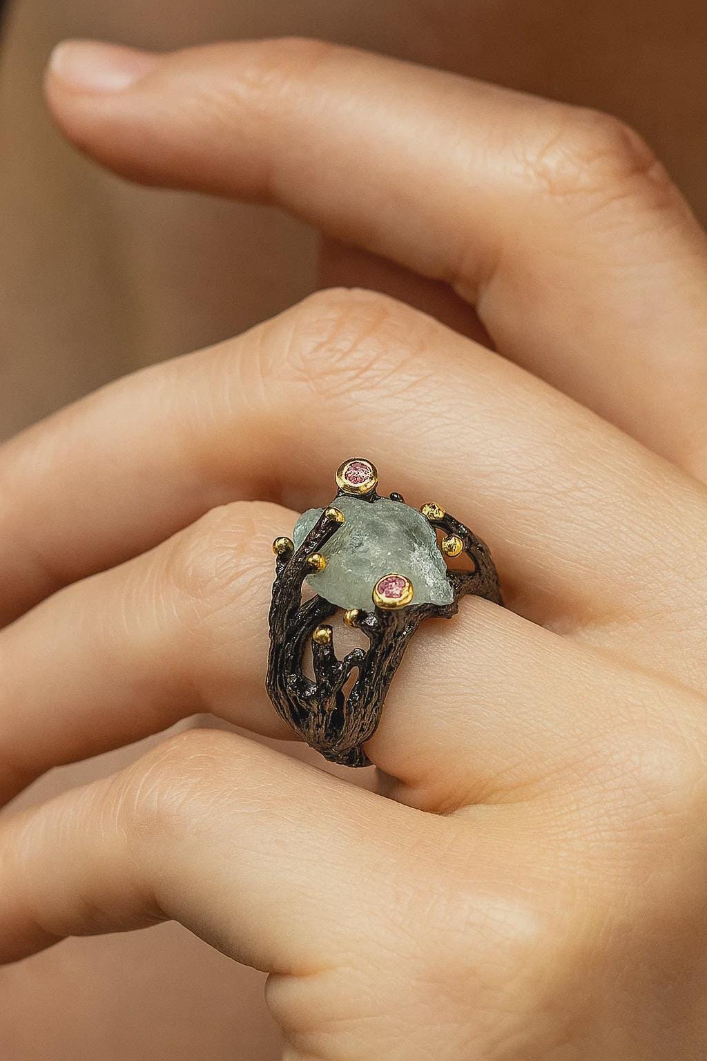 925 sterling silver aquamarine rough black ring