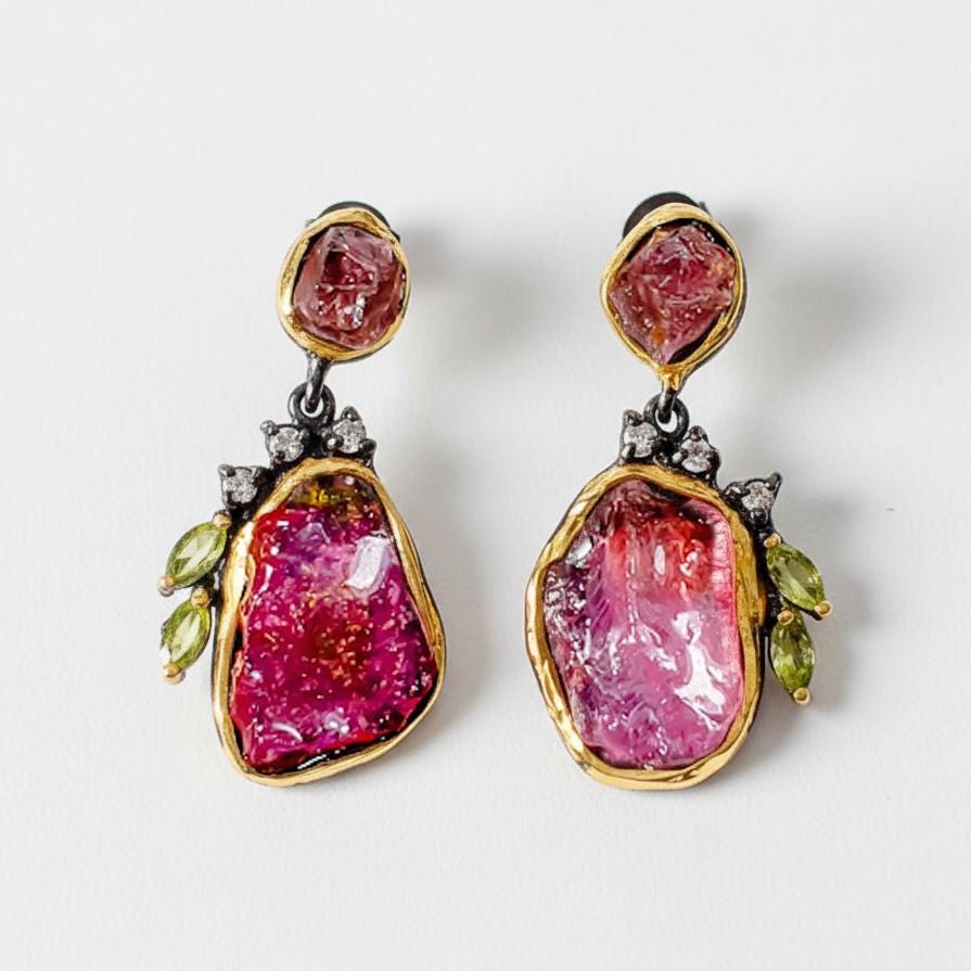 925 Sterling Silver Raw Pink Ruby Earrings