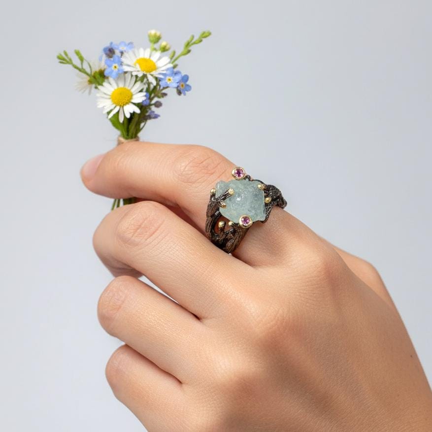 925 sterling silver aquamarine rough black ring