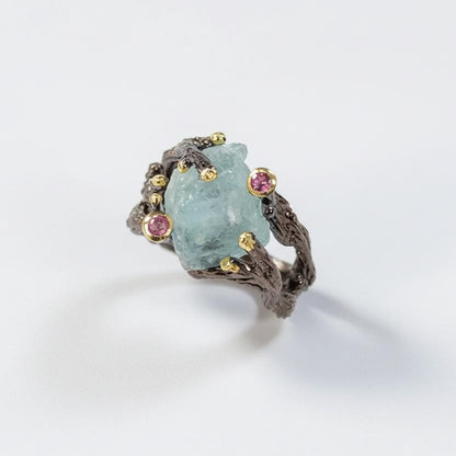 925 sterling silver aquamarine rough black ring