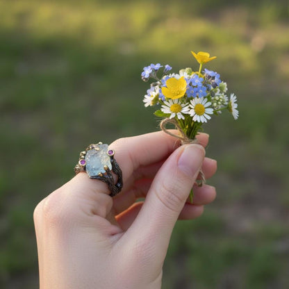 925 sterling silver aquamarine rough black ring