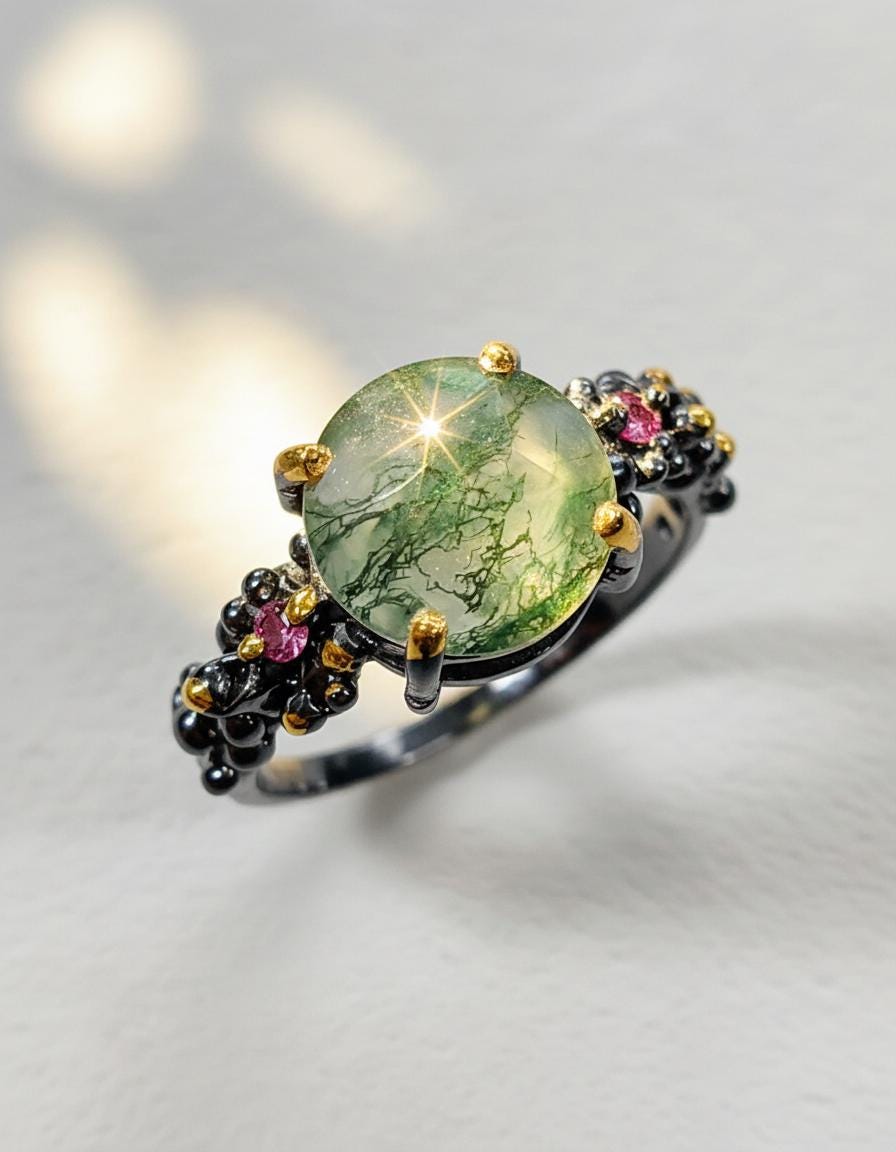 925 Sterling Silver Moss Agate Round Ring