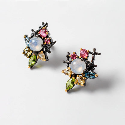 925 Sterling Silver  Moonstone Gemstone Cluster Earrings