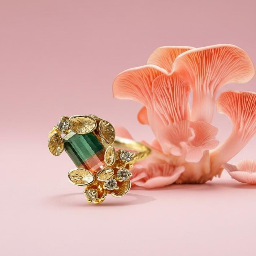14K Solid Gold Bi-Color Tourmaline Mushroom Ring