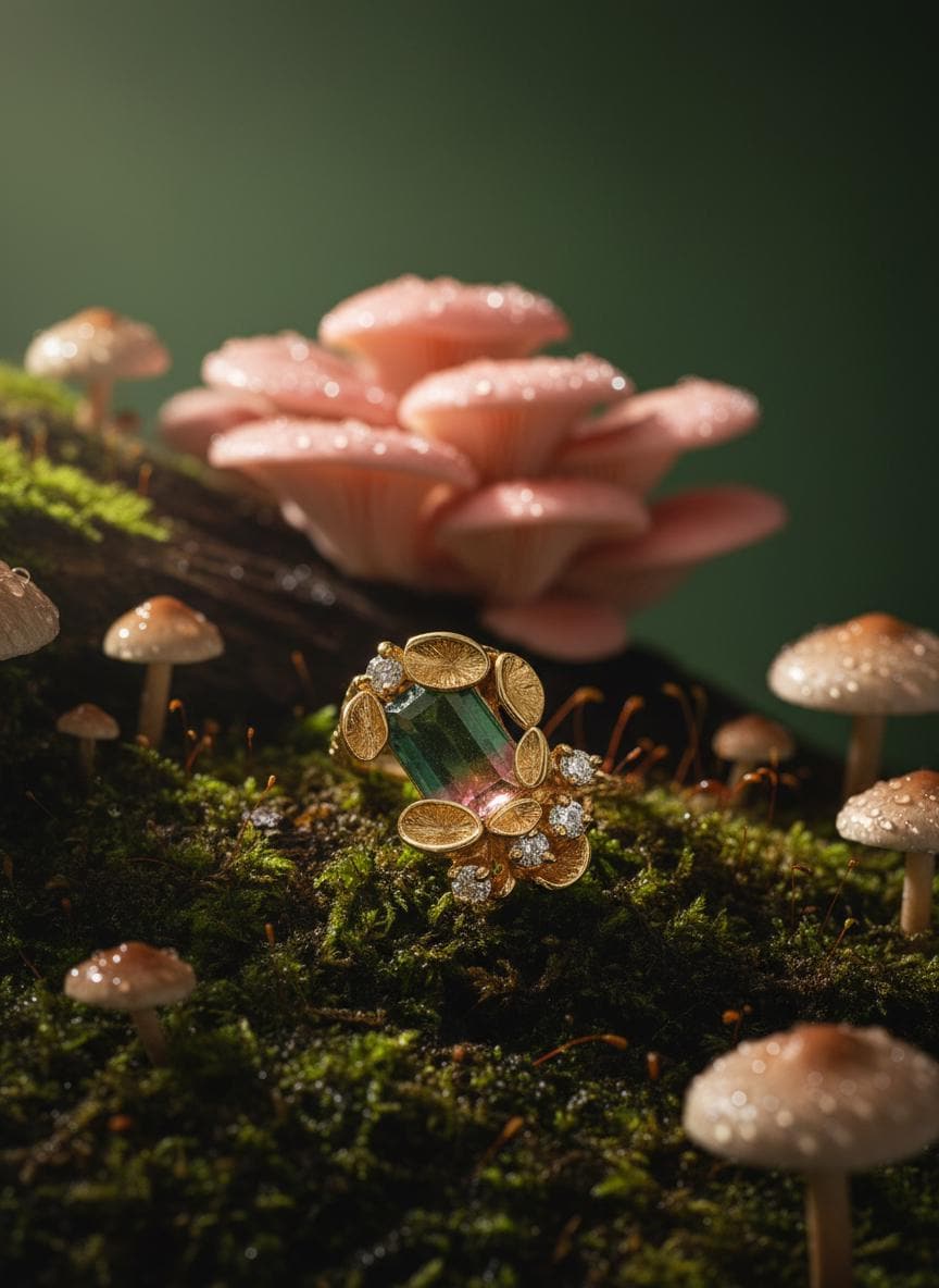 14K Solid Gold Bi-Color Tourmaline Mushroom Ring