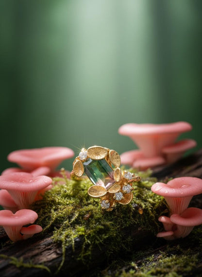 14K Solid Gold Bi-Color Tourmaline Mushroom Ring