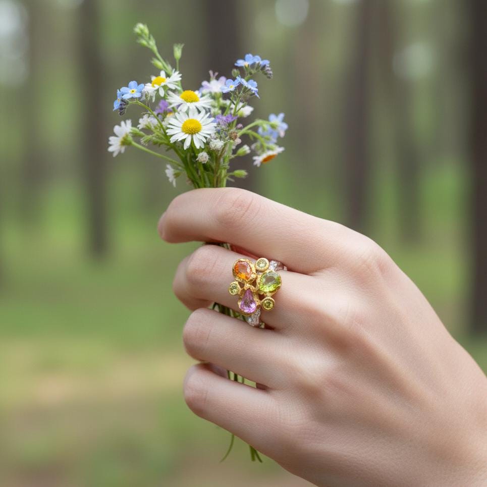 925 Sterling Silver Raw Peridot Ruby Sapphire Ring