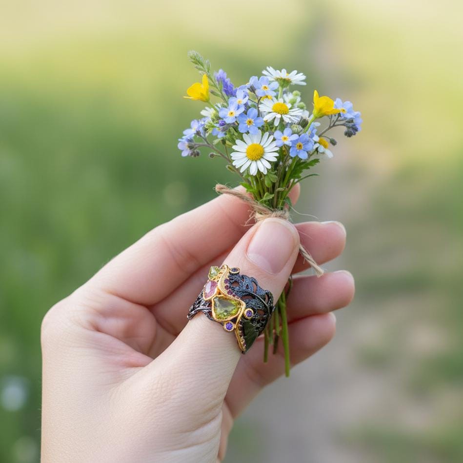 925 Sterling Silver Raw Green Sapphire Wide Ring