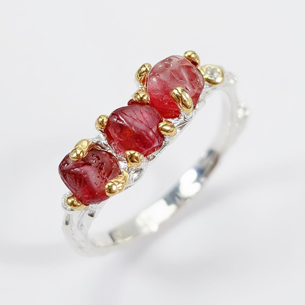 925 Sterling Silver Raw Red Spinel Twig Ring