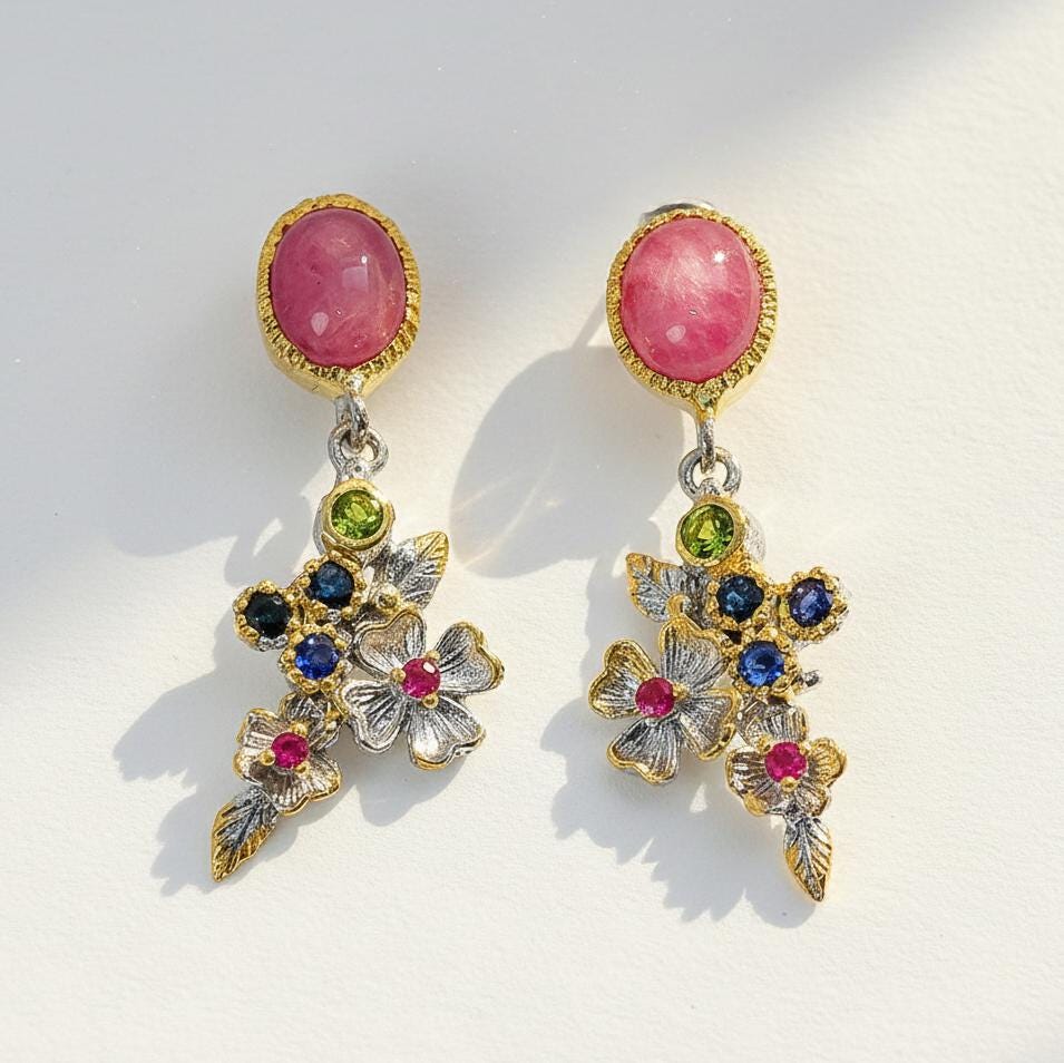 925 Sterling Silver Ruby Flower Earrings