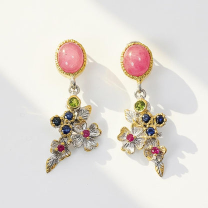 925 Sterling Silver Ruby Flower Earrings