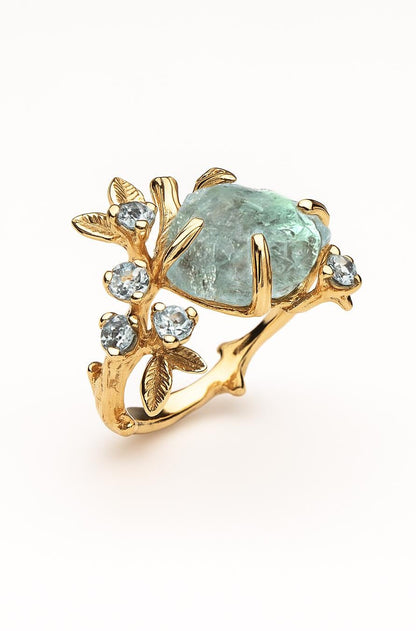 14K Solid Gold Raw Aquamarine Branch Ring