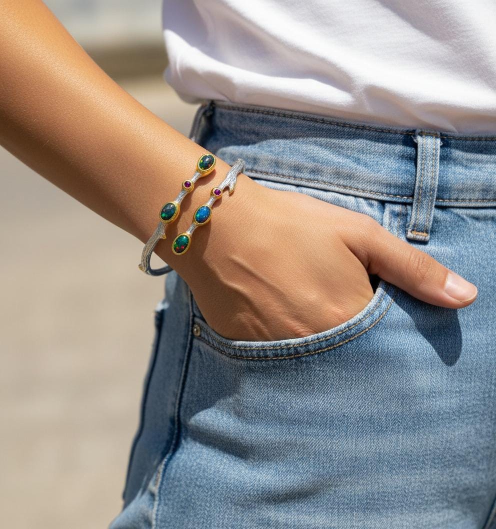 925 Sterling Silver Black Opal Branch Cuff Bracelet