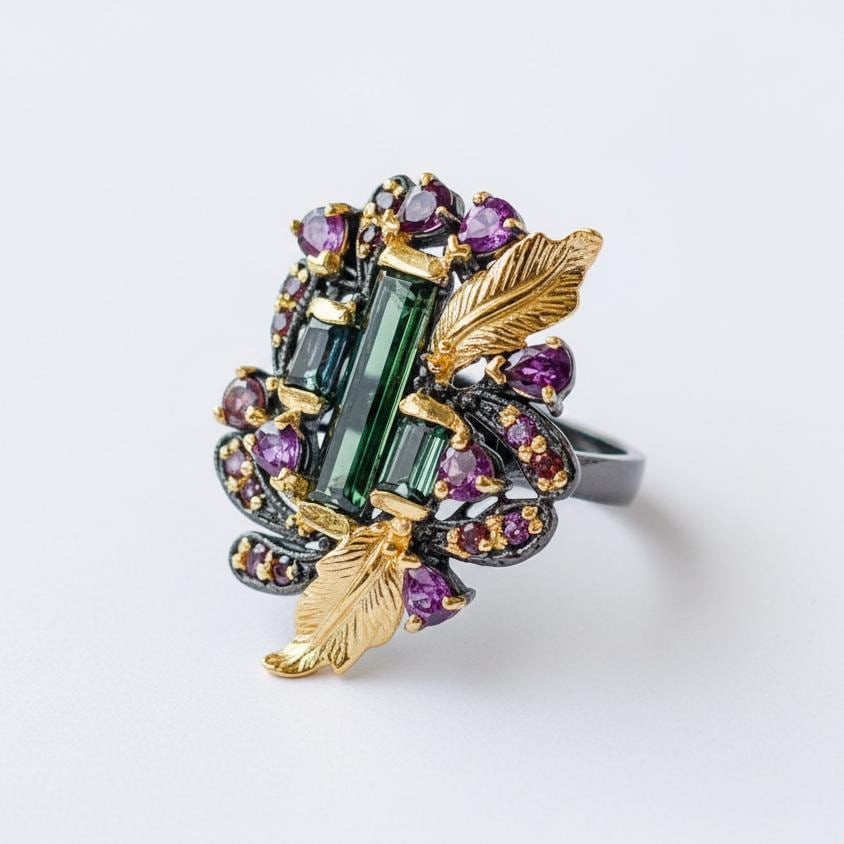 925 Sterling Silver Bar Tourmaline Leaf Ring