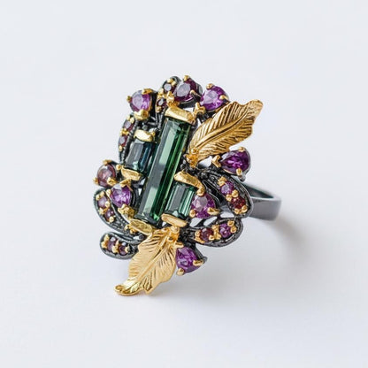 925 Sterling Silver Bar Tourmaline Leaf Ring