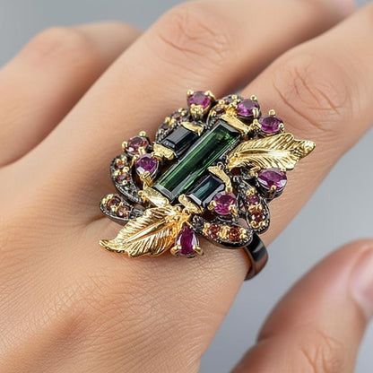 925 Sterling Silver Bar Tourmaline Leaf Ring