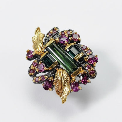 925 Sterling Silver Bar Tourmaline Leaf Ring