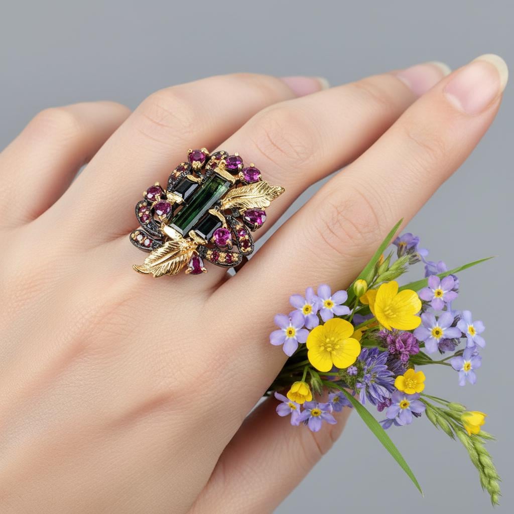 925 Sterling Silver Bar Tourmaline Leaf Ring