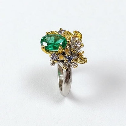 14K Solid Gold Emerald Flower Promise Ring