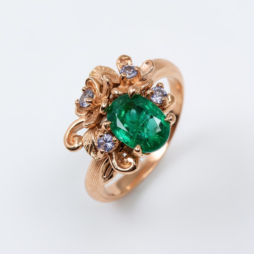 14K Solid Gold Emerald Flower Promise Ring