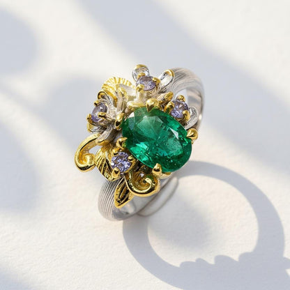 14K Solid Gold Emerald Flower Promise Ring