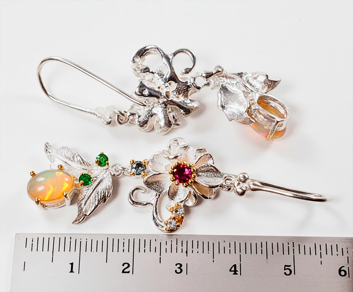 925 Sterling Silver Fire Opal Flower Dangle Earrings