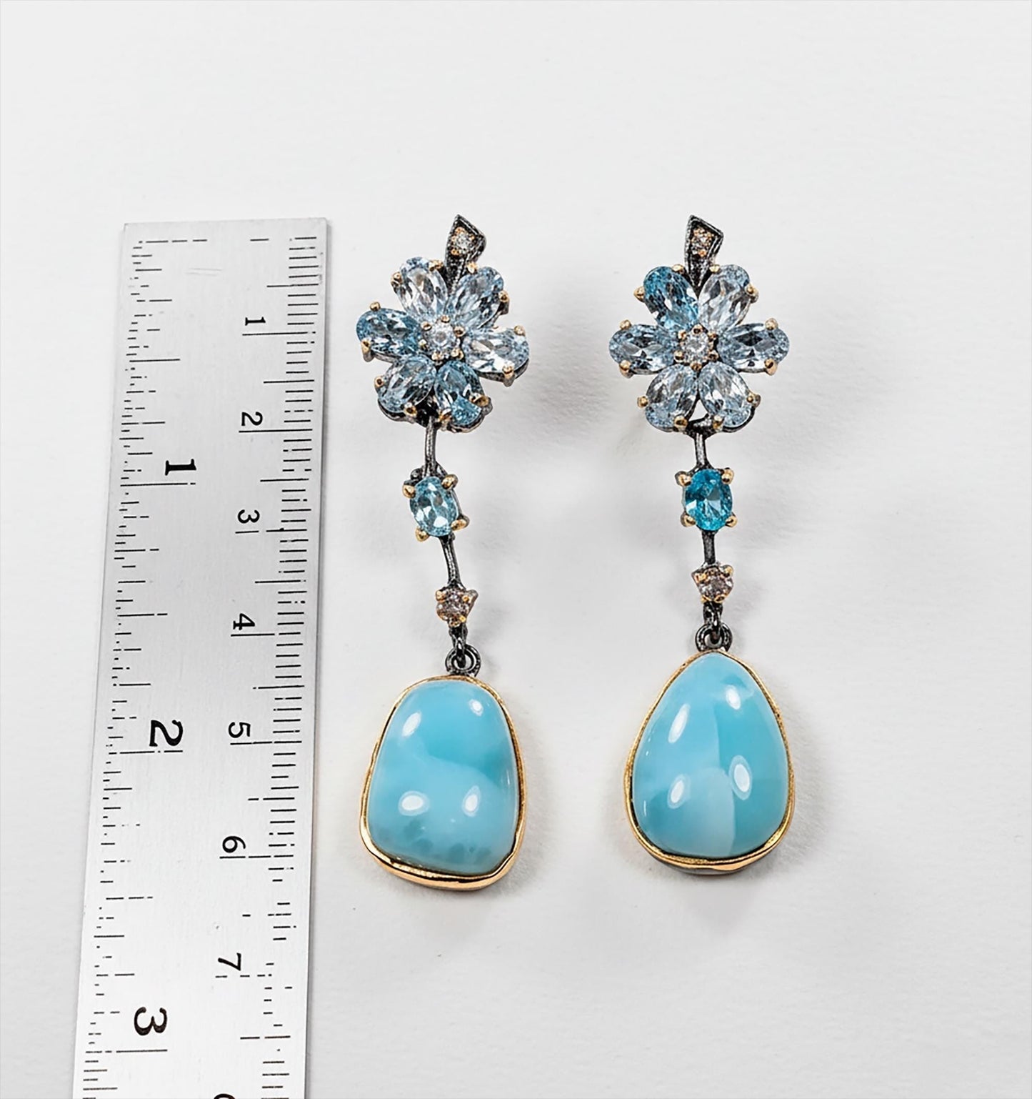 925 Sterling Silver Larimar Blue Flower Earrings
