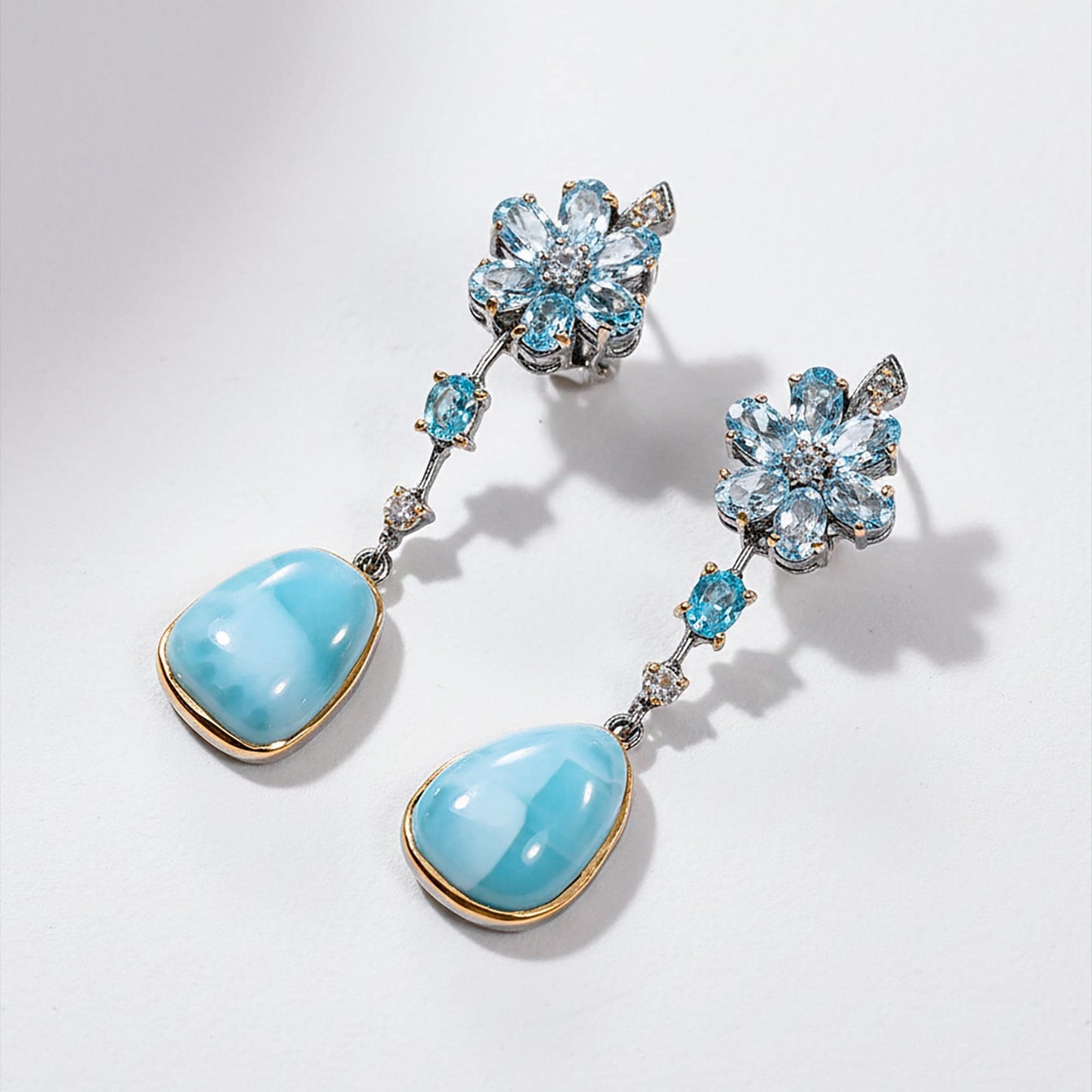 925 Sterling Silver Larimar Blue Flower Earrings